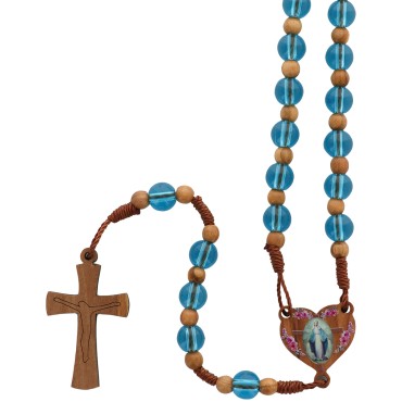 Chapelet sur corde grains en verre Ø 7-8 mm, longueur au coeur 38 cm, croix et coeur en bois d olivier. Differentes couleurs.
